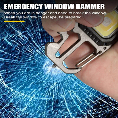 Mini LED Keychain Work Light - Portable Pocket Flashlight USB Rechargeable Camping Lamp with Window Hammer, Bottle Opener