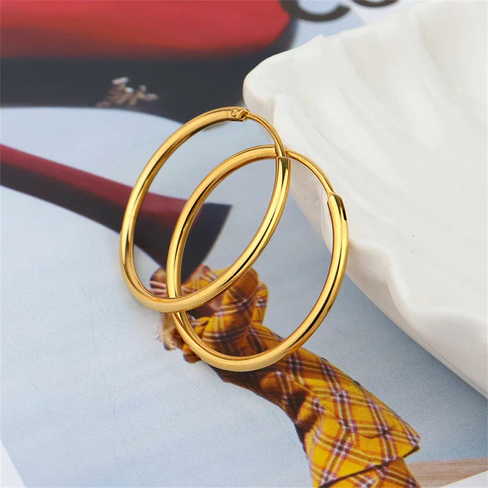 Gold-Plated Large Round Hoop Earrings — Smooth Stainless Steel Circles for Women, Multiple Sizes 12–60mm, Jewelry Gift