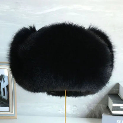 Natural Raccoon & Fox Fur Russian Ushanka Hat – Women’s Black Winter Bomber Cap with Ear Flaps