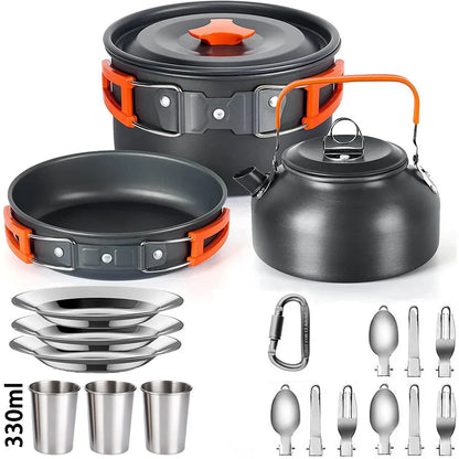 Camping Cookware Set — Non-Stick Cooking Pots, Teapot & Travel Tableware for 2-3 People, Outdoor Picnic Set
