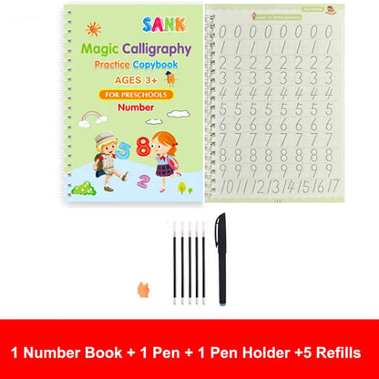 4-Piece Magic Practice Copybook Set with Pen — Reusable English Calligraphy Writing Book for Kids & Preschoolers