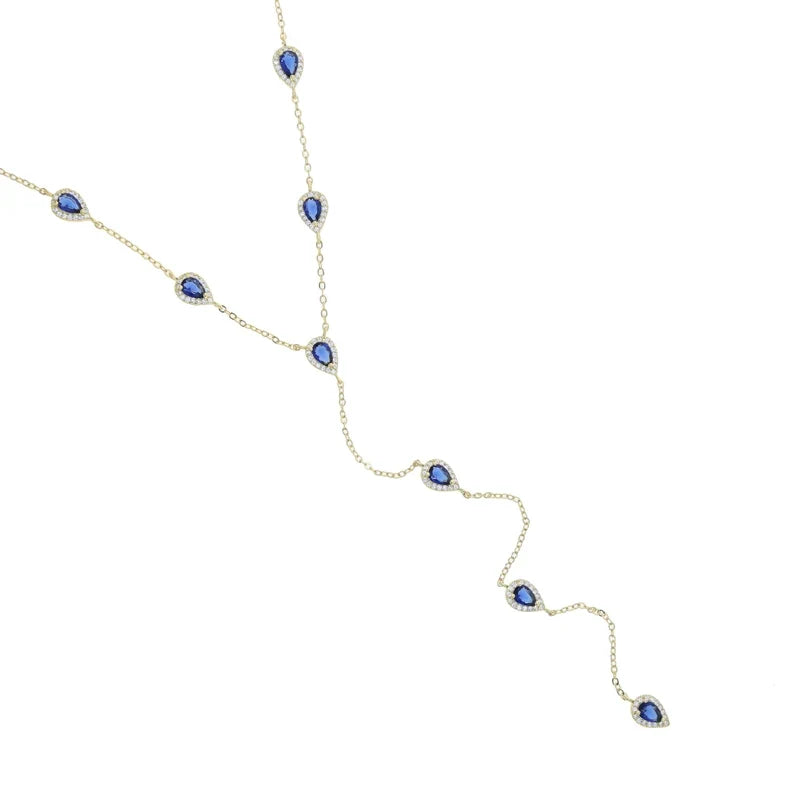 2023 Gold Plated Y Lariat Necklace - Colorful CZ Teardrop Pendant Geometric Jewelry for Women