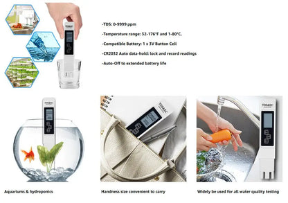 White Digital Water Quality Tester - TDS EC Meter, Multifunctional Water Purity & Temperature TEMP PPM Tester (0-9990 Range)