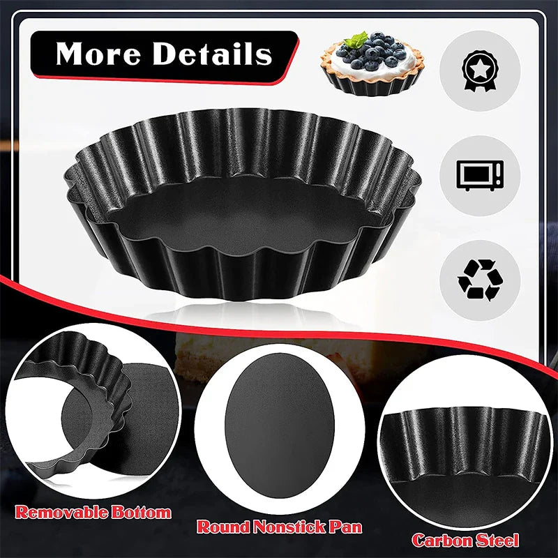 LMETJMA Mini Tart Pans: 10cm Fluted Egg Tart Molds with Removable Bottom - Non-Stick Small Tart Mold, Ideal for Cupcakes, JT221