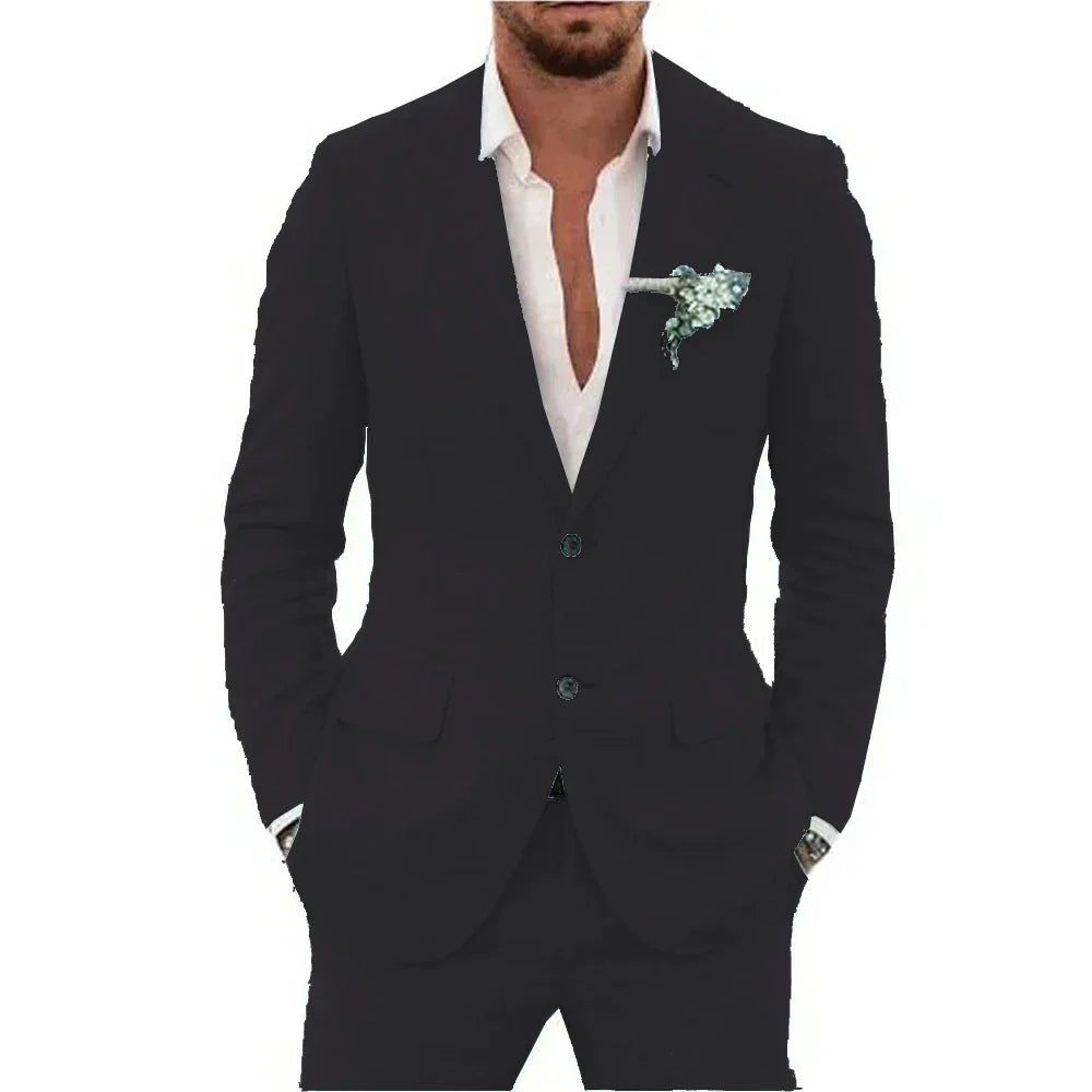 Men's Linen Suit Set - Slim Fit Notched Lapel 2 Piece Wedding & Beach Tuxedo Outfit For Summer Casual Formal Wear