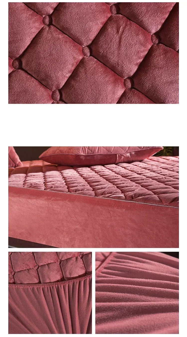 Plush Quilted Mattress Cover - Thick Warm Crystal Velvet Fitted Bed Sheet for Queen & King Beds, Pillowcase Not Included