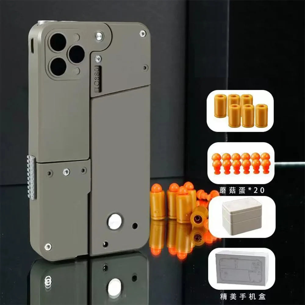 iPhone Folding Soft Bullet Toy Gun – Shell Ejecting Mobile Phone Gun for Kids & TikTok Fun