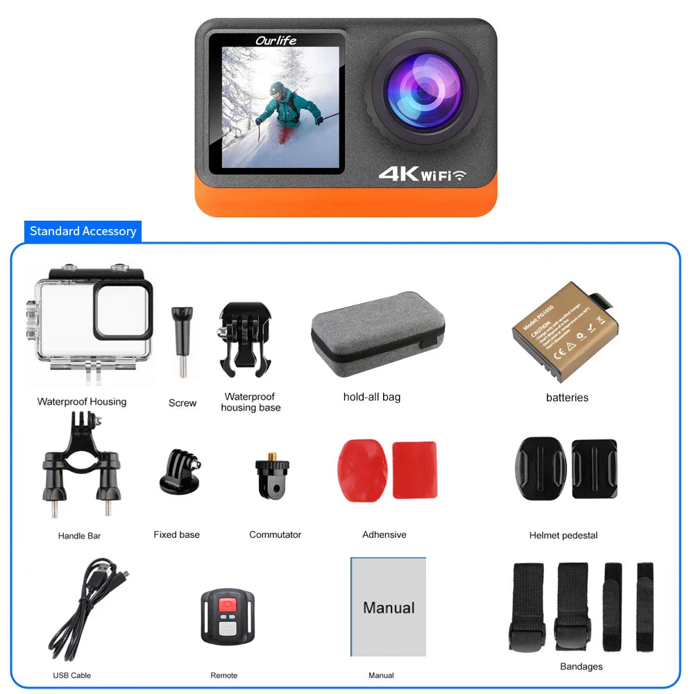 Ourlife 4K 60FPS Action Camera – 24MP WiFi Sports Camera with 2.0” Touch IPS Screen, 170° Wide Angle, EIS Stabilization, 30M Waterproof Case & 4X Zoom for Helmet & Outdoor Recording