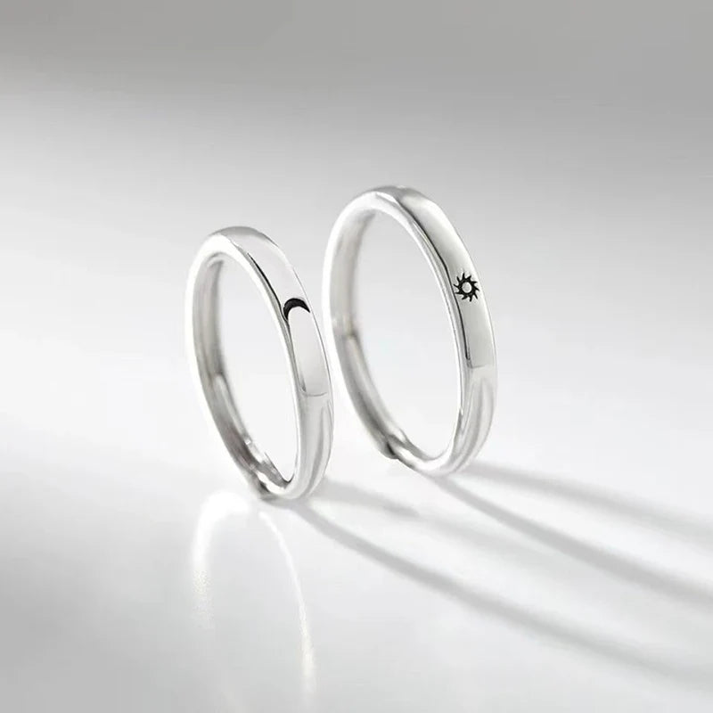 New Silver Couple Rings - Sun & Moon Adjustable Open Ring for Men & Women, Wedding & Fashion Jewelry Gift