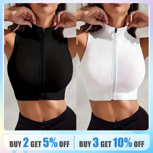 Women's 2-Piece Close-Fitting Zipper Yoga Exercise Vest Top - Breathable and Sexy Fitness Wear