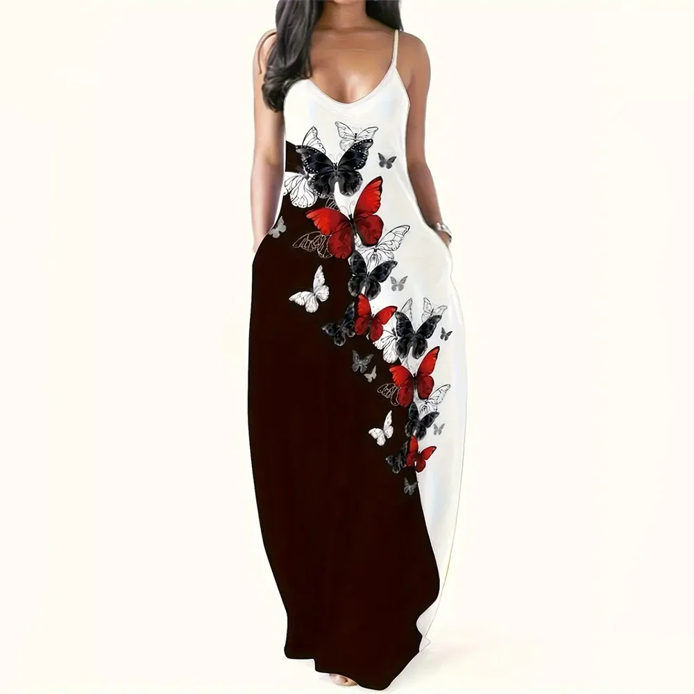 Women’s Summer 3D Butterfly Print Dress – Black & White Sleeveless Spaghetti Strap Loose Long Vest Dress, Plus Size Vintage Style