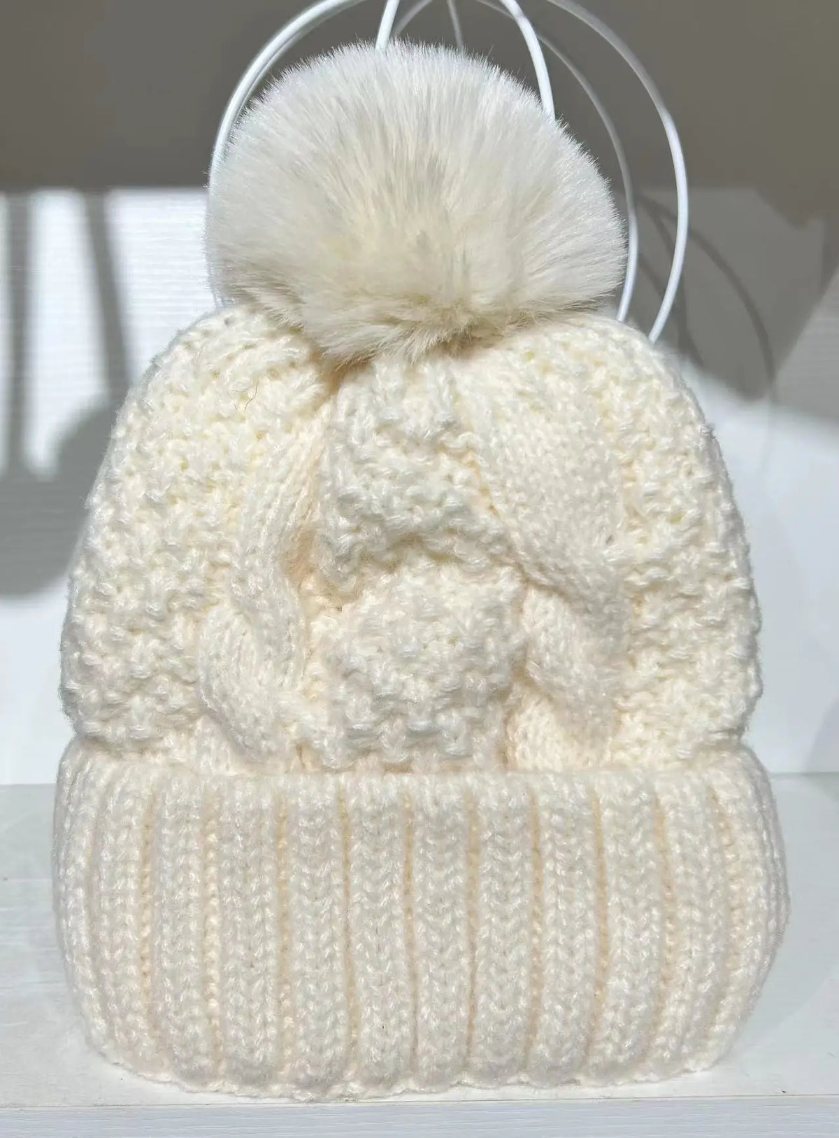 New Women’s Winter Twist Knit Hat – Thick Plush Beanie with Fur Pompom, Solid Color Ski Snow Skullies