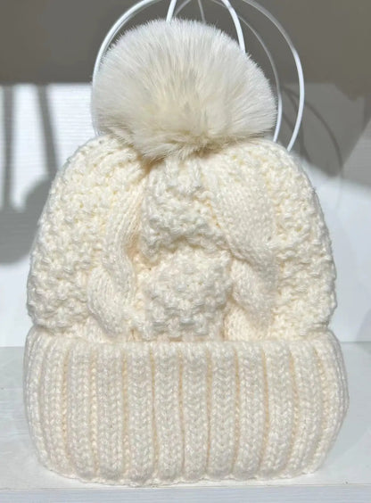 New Women’s Winter Twist Knit Hat – Thick Plush Beanie with Fur Pompom, Solid Color Ski Snow Skullies
