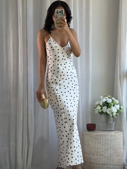 Elegant Women’s Polka Dot Maxi Dress – Chic Sleeveless Round Neck High Waist Slim Fit Vestido for Party & Street, 2025 New