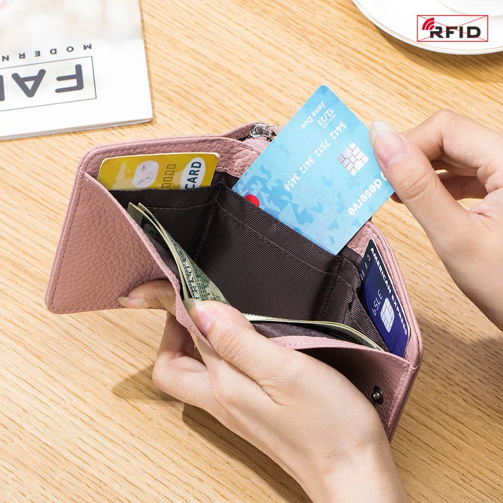Genuine Leather Women’s Wallet — Small Zipper Coin Purse, Short Cowhide RFID Card & Money Holder, Perfect Gift for Women