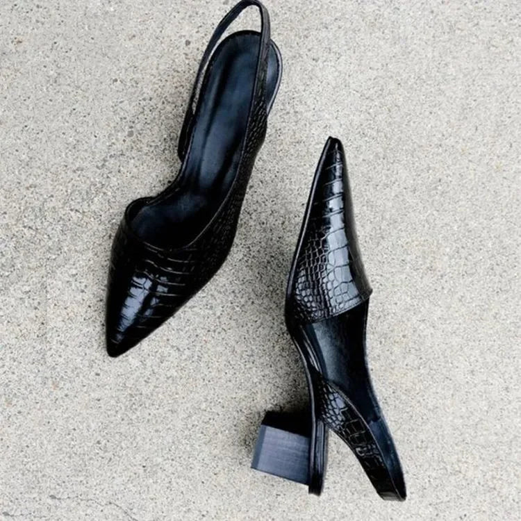 Women’s Pointed Toe Slingback Pumps – Mid Chunky Heel Summer Sandals, Vintage Style Slippers