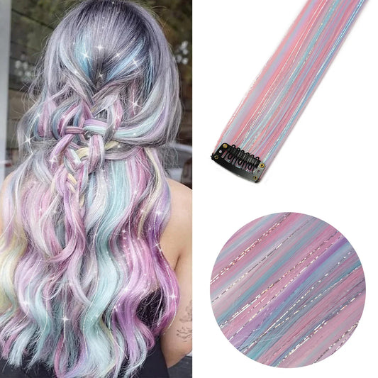 Unicorn Clip-in Colored Hair Extensions – Mixed Silver Tinsels & Rainbow Synthetic Highlights for Women & Girls, Holiday Party Hair