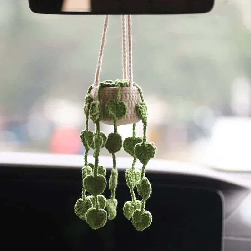 Cute Crochet Potted Plants Car Basket – Hanging Car Decor & Rear View Mirror Ornament Accessories