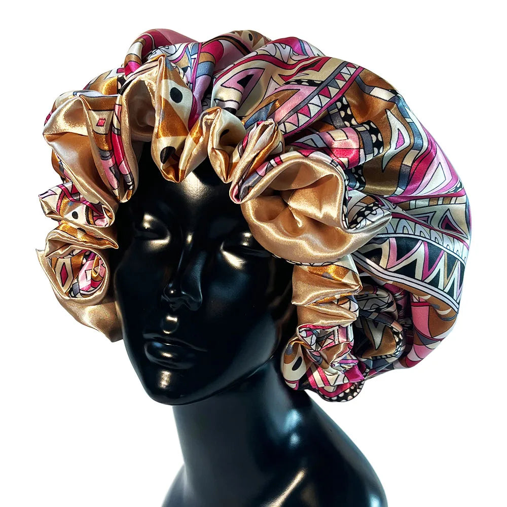 Women’s Satin Bonnet Cap – Double Layer Silky Big Bonnet, Printed Sleep Cap & Head Wrap for Ladies