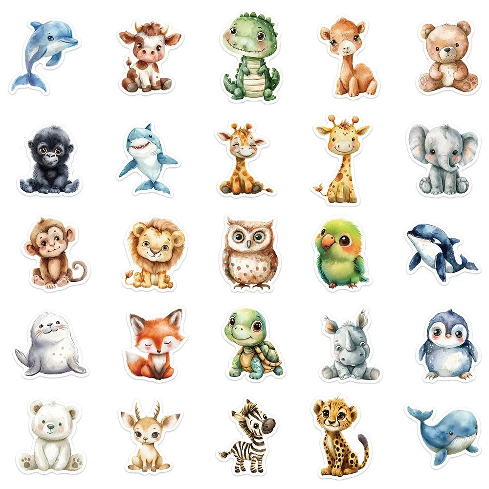 Cute Watercolor Animal Stickers - Cartoon Graffiti Decals for Phone Case, Skateboard, Scrapbook and Kids Crafts