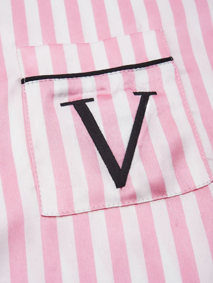 Classic Striped Satin Pajama Set – Short-Sleeve Top with Pocket & Long Pants Sleepwear with Lapel Collar