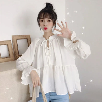 2024 Fashion Women’s Lace-Up Shirt – Flare Sleeve O-Collar Loose Blouse for Spring, Summer & Autumn