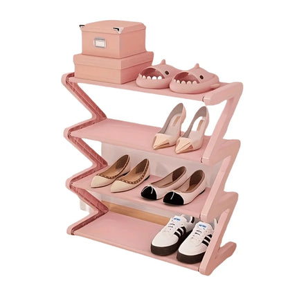 4-Tier Pink Z-Shaped Shoe Rack – Floor Storage Organizer for Living Room, Bedroom & Entryway