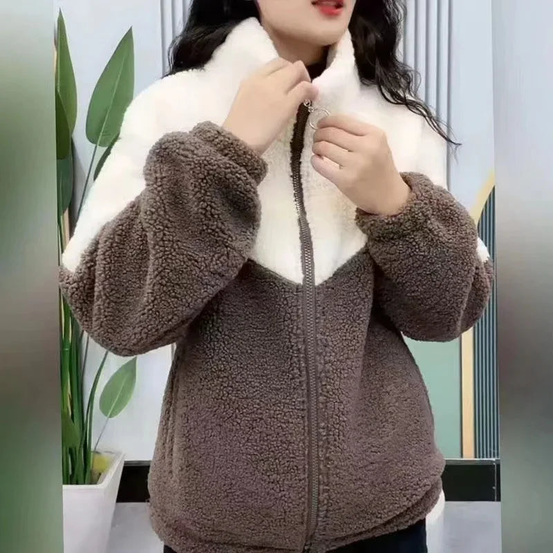 Women’s Colored Thickened Lamb Fleece Jacket — Long Sleeve Mid-Length Quilted Overcoat for Autumn & Winter