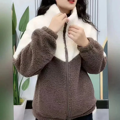 Women’s Colored Thickened Lamb Fleece Jacket — Long Sleeve Mid-Length Quilted Overcoat for Autumn & Winter