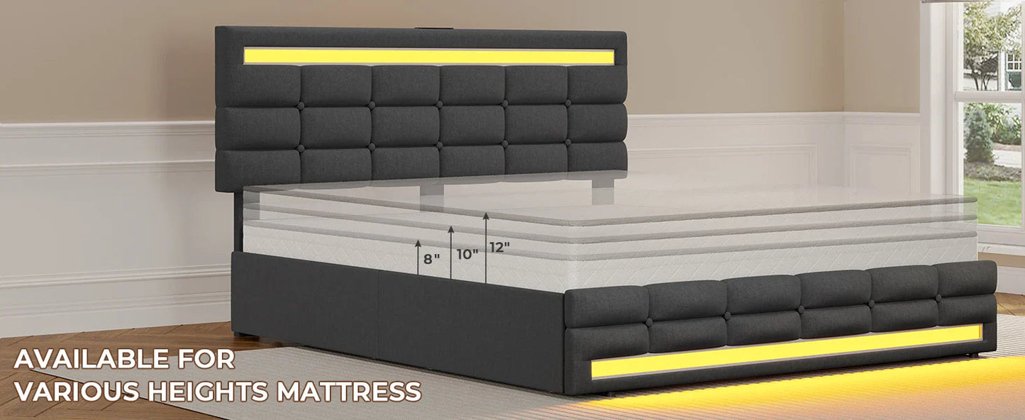 LED Full Size Bed Frame – Upholstered Platform Bed with LED Headboard & Footboard, Square Stitched Tufted Design