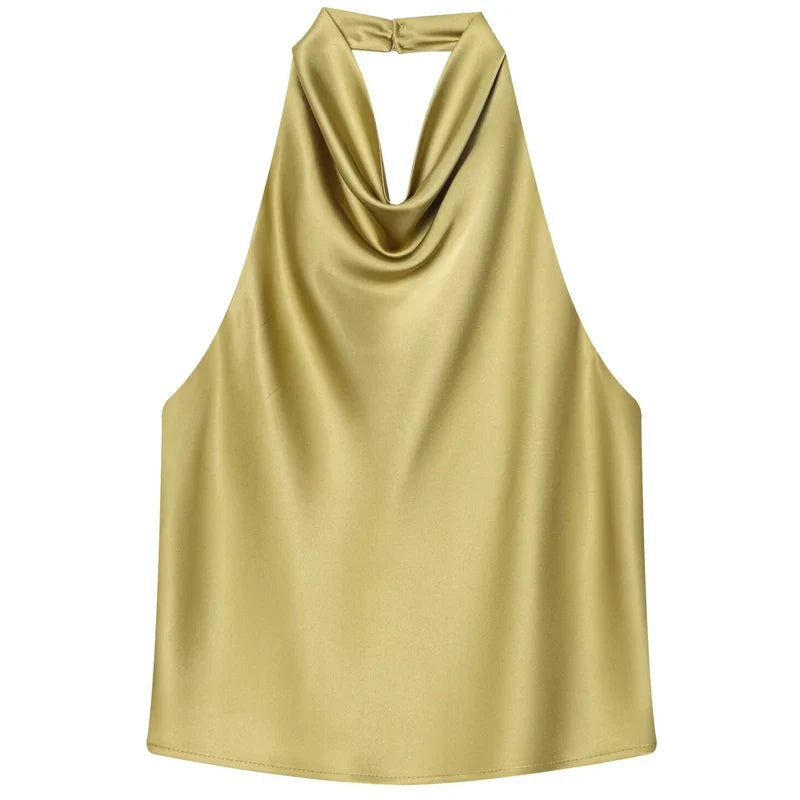 Women's Satin Halter Corset Top – Backless Elegant Sexy Summer Tank Vest in Yellow Pink Black