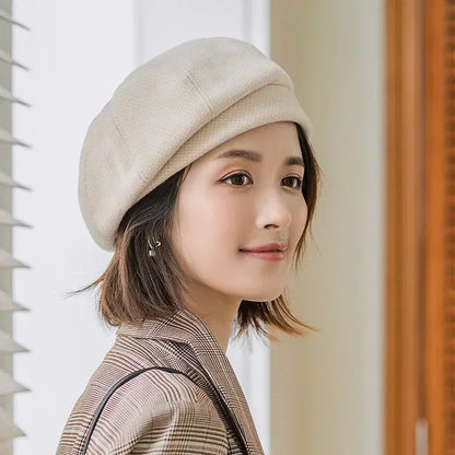 2024 Women's Wool Beret - Elegant Plaid Vintage Octagonal Cap, Casual Cotton Hat for Autumn and Winter