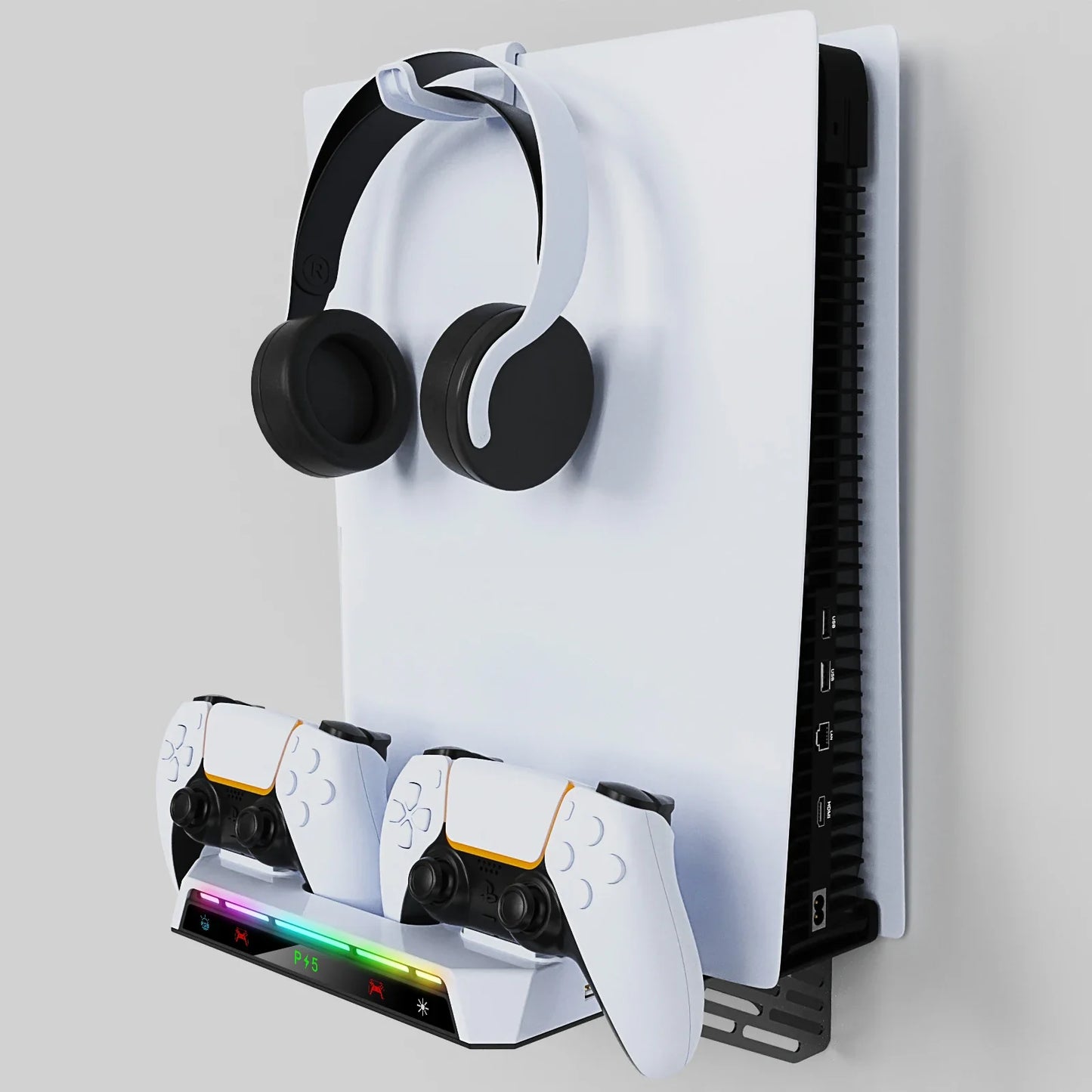 PS5/PS5 Pro/Slim Wall Mount Kit – RGB Light Stand with Charging Station & Headset Hanger for Dual Controllers