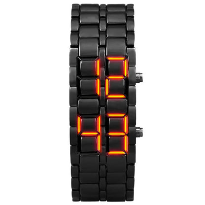 Men's Fashion Digital Lava Wrist Watch – Black Full Metal with Red/Blue LED Display, Sporty Gift for Men & Boys