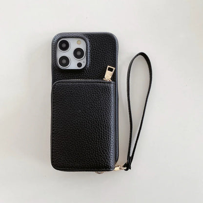 Luxury Litchi PU Leather iPhone Case – Card Holder Lanyard Wallet Cover for iPhone 11 to 15 Pro Max 📱✨