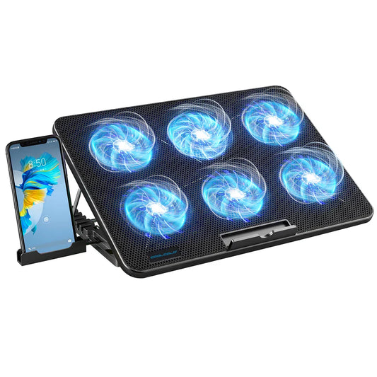 Coolcold Laptop Cooling Pad 15.6-17.3" — 6 Quiet Fans, 7 Adjustable Heights, Wind Speed Control with Mobile Phone Holder