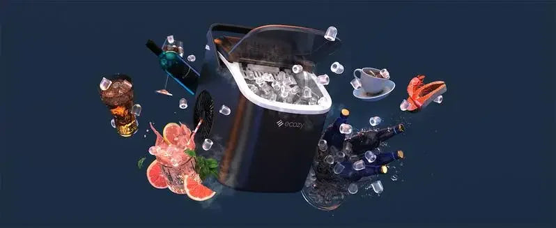 Ecozy Portable Countertop Ice Maker - Makes 9 Ice Cubes in 6 Minutes, Includes Ice Bags, Scoop & Basket for Kitchen