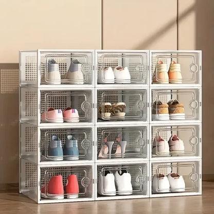 6/12/24PCS Transparent Shoe Boxes – Foldable, Stackable Plastic Shoe Storage Rack with Thick Tape Cover, Space-Saving Organizer