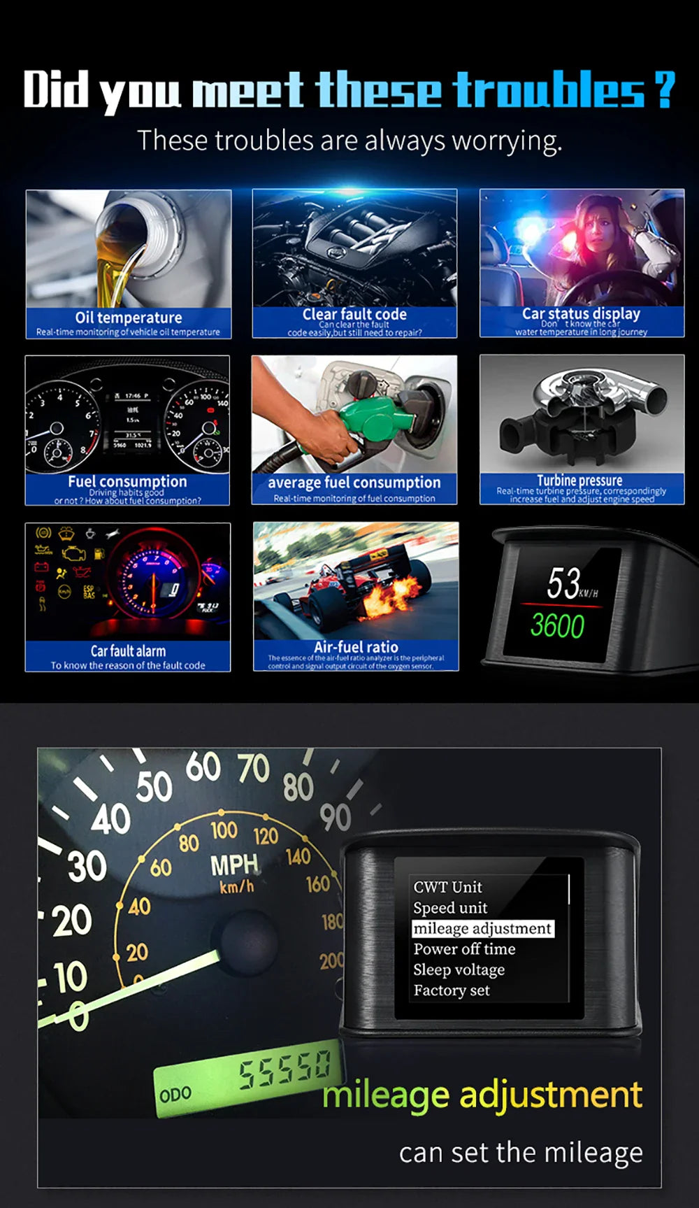 P10 Pro Head-Up Display – On-Board OBD2 Computer with Digital Speedometer, Mileage, Temperature & Driving Data Gauge