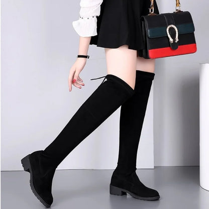 2024 Women's Winter Black Over-The-Knee Boots – Comfort Lace-Up, Chunky High Heels, Warm Suede, Round Toe