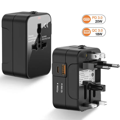 International Travel Adapter with USB-A QC18W & Type-C PD20W Fast Charger – Universal Wall Charger for UK, EU, AU, US Plugs