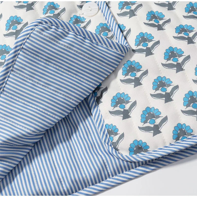 2025 Women’s Printed Quilted Padded Jacket – Collared Cotton Coat with Contrast Piped Pockets, Casual Autumn Outerwear