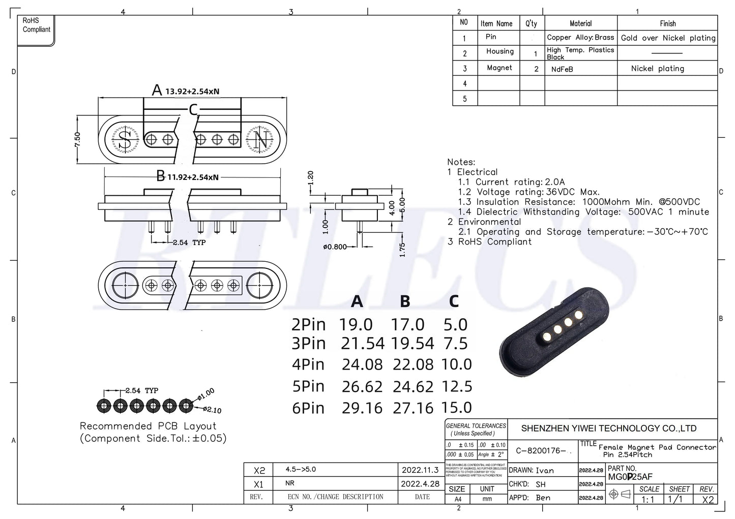 2A Waterproof Magnetic Pogo Pin Connector – 2.54mm Spring-Loaded DC Power Socket, 2-6 Positions