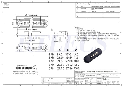 2A Waterproof Magnetic Pogo Pin Connector – 2.54mm Spring-Loaded DC Power Socket, 2-6 Positions