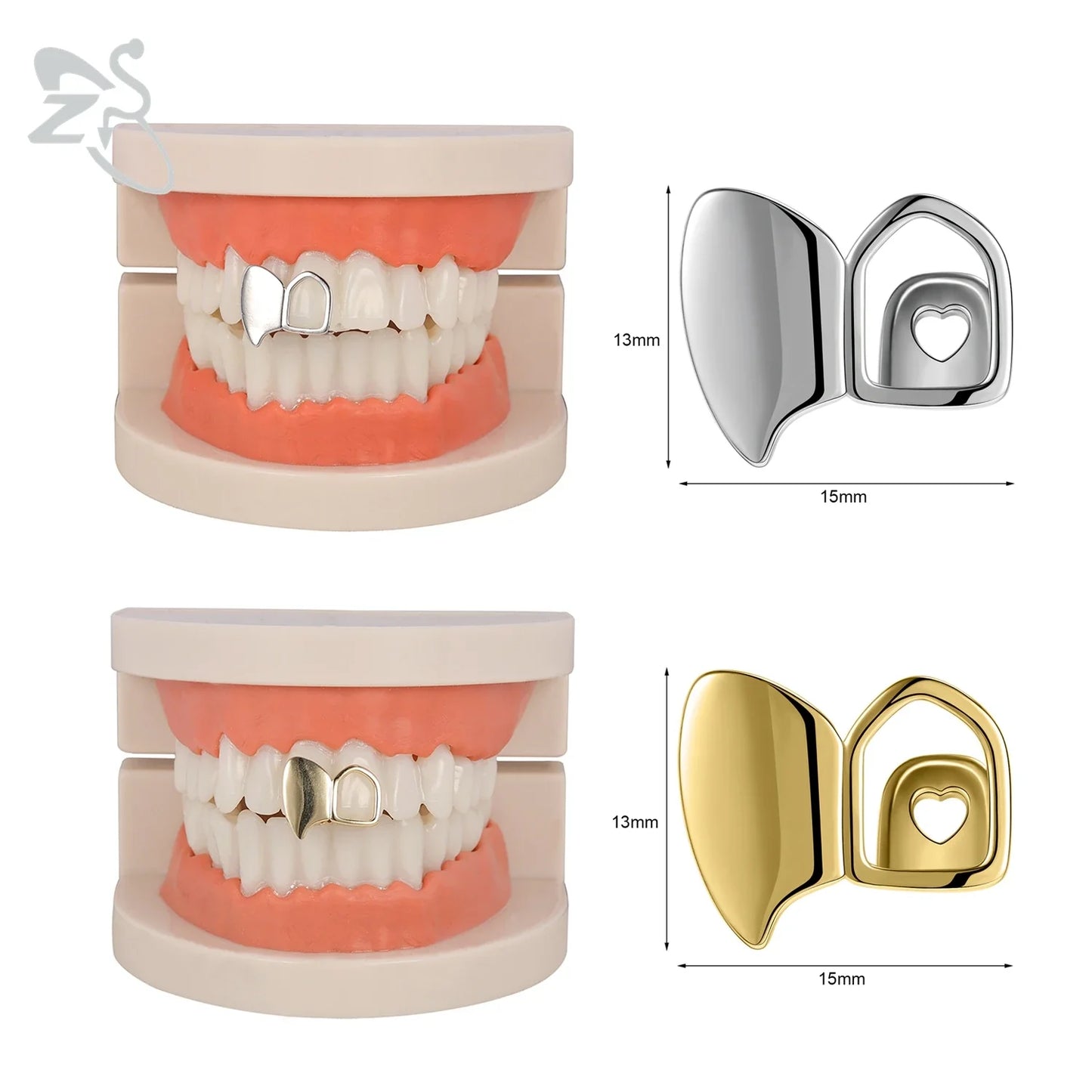 ZS Hip Hop Grillz – Silver/Gold Plated CZ Crystal Cross & Rose Star Tooth Cap, Top & Bottom Set