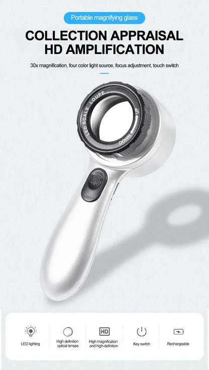Rechargeable 30X Handheld Magnifying Glass – LED Illuminated Loupe with 4 Light Modes for Jewelry, Reading & Seniors