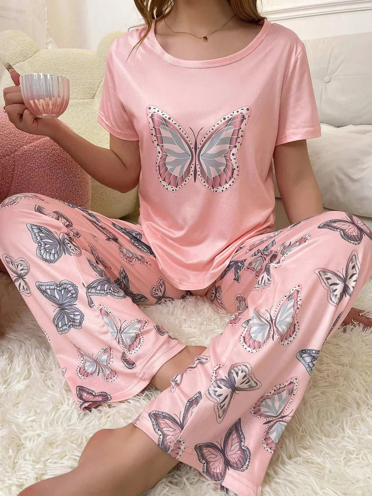 Women's Butterfly Print Pajama Set - 2-Piece Short Sleeve Top and Trousers Sleepwear