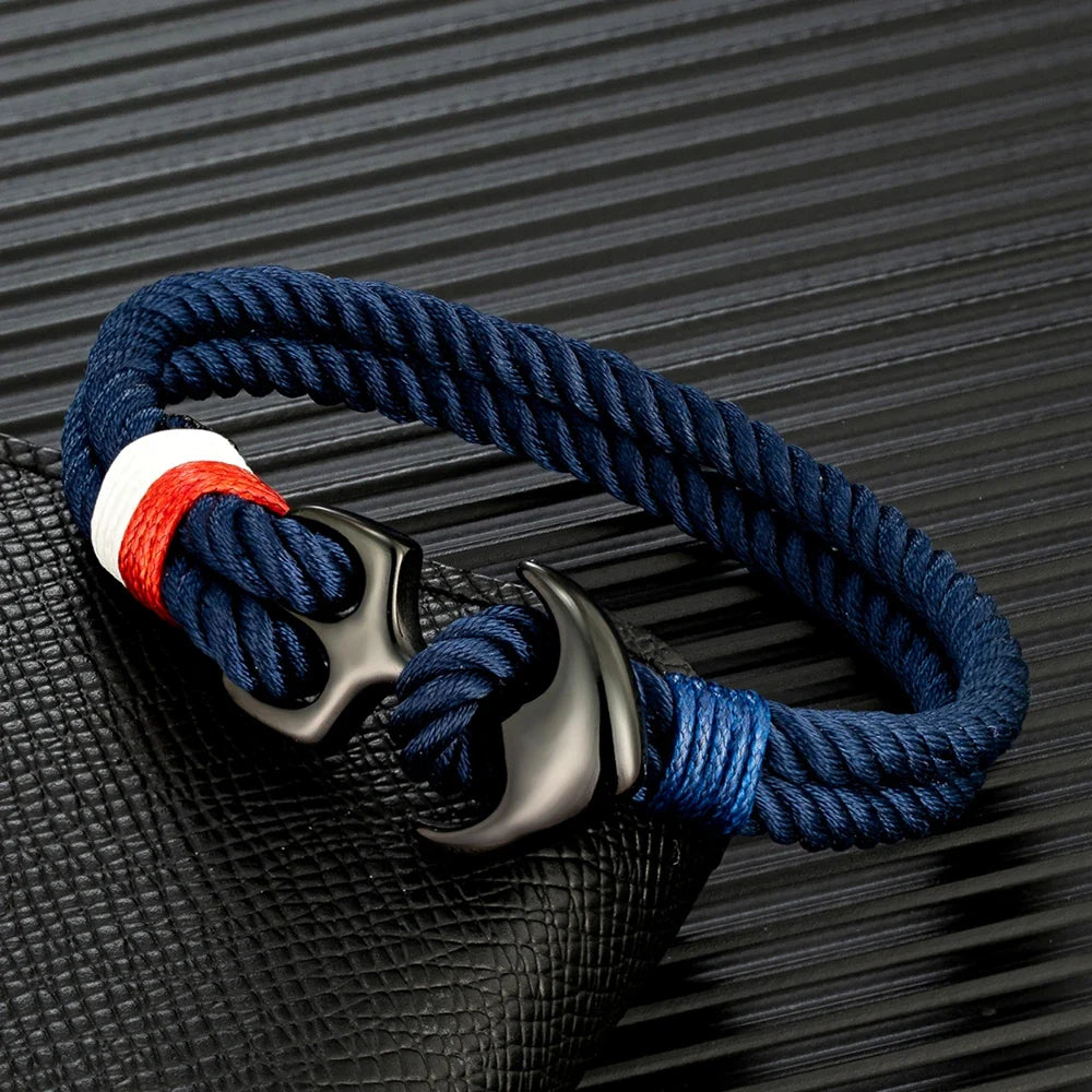 MKENDN Anchor Bracelet – Double Strand Nautical Waterproof Rope with Black Stainless Steel Sport Buckle for Men & Women