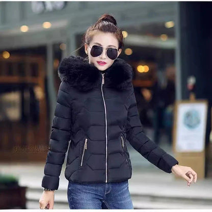 2025 Women’s Autumn Winter Short Cotton Coat – Large Size Padded Parka with Fur Collar, Warm Casual Jacket
