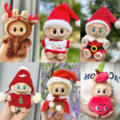 Mini Winter Plush Outfit for Labubu V1–V3 Dolls – Santa, Snowman & Elk Sweater Hat Set, New Year Gift